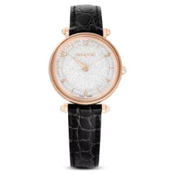 Crystalline Wonder Watch, Swiss Made, Leather Strap, Black, Rose Gold-Tone Finish 5653359 | Swarovski