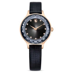 Swarovski Octea Nova Watch, Swiss Made, Leather Strap, Black, Rose Gold-Tone Finish 5650033