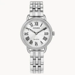 Eco Drive Women's Classic Coin Edge Silver-Tone Dial, Stainless Steel Watch Bracelet EM1050-56A | Citizen