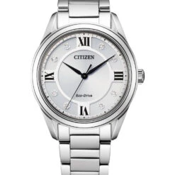 Citizen Eco Drive Women's Arezzo Diamond Silver Dial Stainless Steel Bracelet Watch EM0870-58A